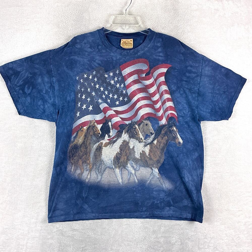 Vintage The Mountain Tshirt Men XL Blue Tie Dye Horse Flag Patriotic Classic